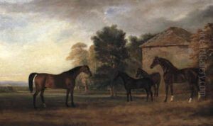 Mares And Foals In A Wooded Landscape by Claude Lorraine Ferneley