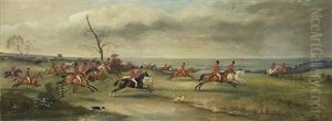 The Hunt In Full Cry In The Vale Of Belvoir With The Duke Of Rutland, The Earl Of Bradford, The Earl Of Wilton And Others, Clawson Windmill And Village Beyond by John E. Ferneley