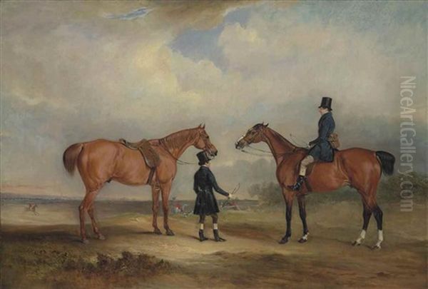 Two Gentlemen, One Leading A Chestnut Hunter, The Other On A Bay Hunter, In An Extensive Landscape With A Hunt, A Church Spire Beyond - view 1