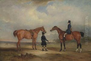 Two Gentlemen, One Leading A Chestnut Hunter, The Other On A Bay Hunter, In An Extensive Landscape With A Hunt, A Church Spire Beyond by John E. Ferneley