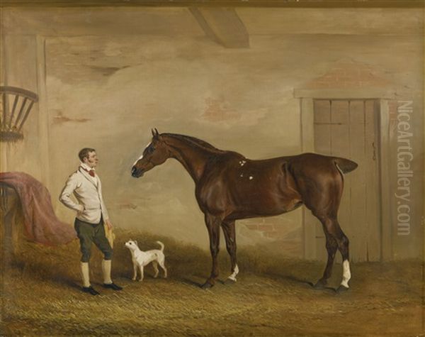 Portrait Of A Chestnut Hunter In A Stable, With A Groom And Terrier - view 1