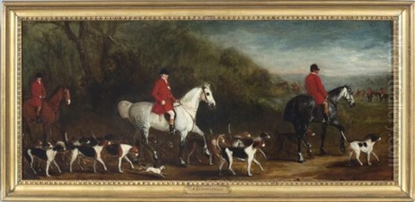 Three Men On Horseback With Their Hunting Dogs - view 1