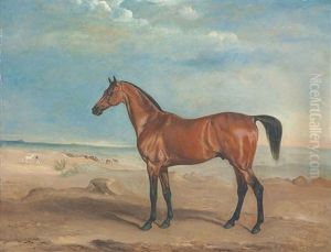 The Arab Stallion Orelio In A Desert Landscape, Other Horses And Figures Beyond