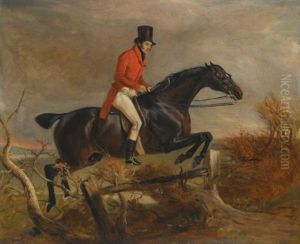 Portrait Of Sir Henry Goodricke, 7th Baronet, Clearing A Fence On His Grey Hunter by John E. Ferneley