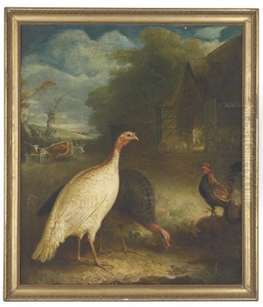 Poultry And Cattle In A Farmyard At Twilight - view 1