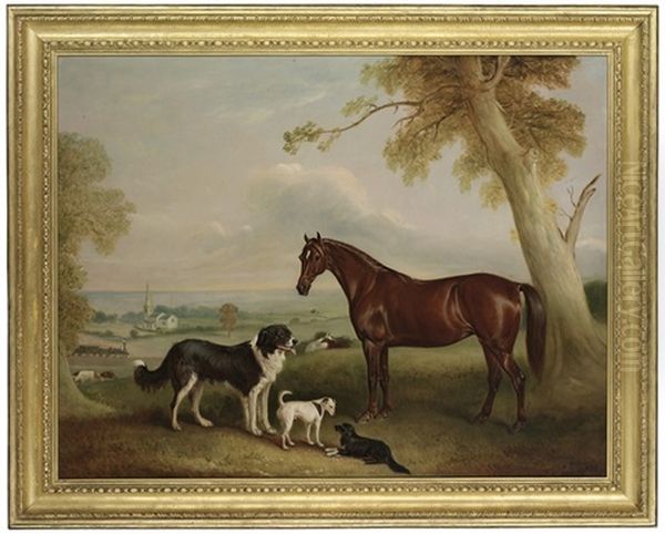 A Hunter And Three Dogs, The Property Of William Brewitt, Esq., With A Steam Train And The Church Of Kirby Bellars, Near Melton Mowbray, Leicestershire, Beyond - view 1