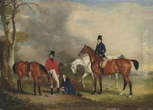 Portrait Of Captain James Ogilvy Fairlie Of Coodham In Hunting Dress, With His Grooms And His Hunters by John E. Ferneley