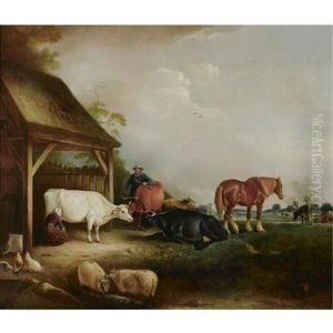 A Herdsman With Cattle, Sheep And Chickens by John E. Ferneley