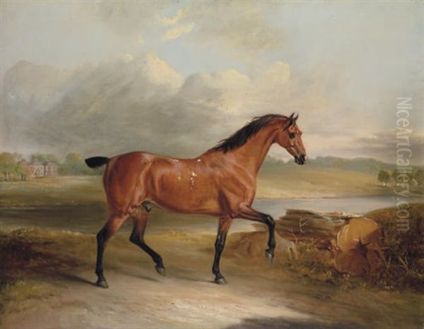 A Bay Hunter In A Landscape With A Lake And House Beyond - view 1