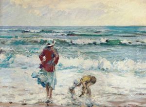 Mere Et Enfant Jouant Sur La Plage by Charles Garabed Atamian