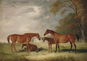 "filigree" And Her Daughter "cobweb," With Foals In A Landscape by John E. Ferneley
