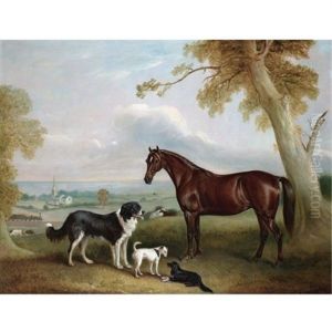 A Chestnut Hunter And Three Dogs Belonging To William Brewitt In A Landscape With A Steam Train And Two Churches In The Distance