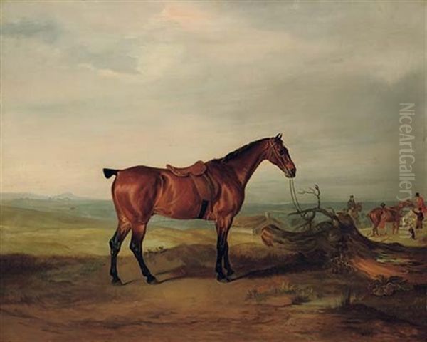 A Saddled Bay Hunter In A Landscape, With Huntsmen And Hounds Beyond - view 1
