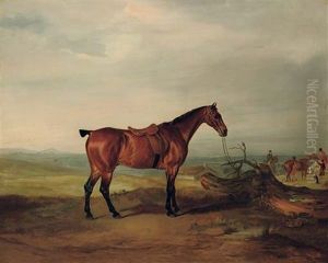 A Saddled Bay Hunter In A Landscape, With Huntsmen And Hounds Beyond by John E. Ferneley