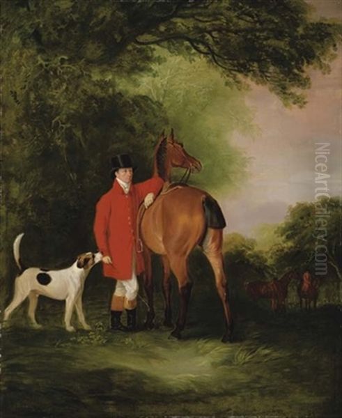 Portrait Of Lord Lismore In A Hunting Coat With His Bay Hunter And A Hound, In A Landscape, A Hunting Party Beyond - view 1