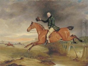 Portrait Of George Marriot On His Bay Hunter Taking A Fence With A Hunt Beyond Portrait Of George Marriot On His Bay Hunter Taking A Fence With A Hunt Beyond