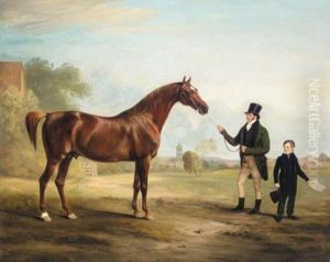 Mr. Powell And Son With His Stallion, "norton", A Distant View Of Melton Mowbray Beyond by John E. Ferneley