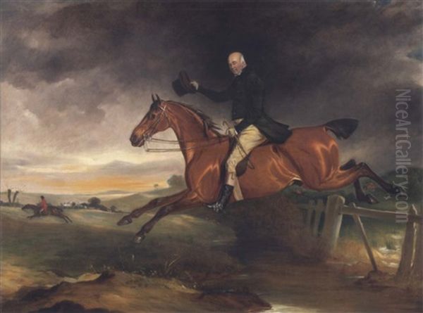 Mr. George Marriott On His Bay Hunter Taking A Fence - view 1