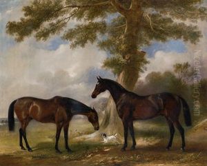 Two Bay Mares With A Terrier By A Tree, In A Landscape by John E. Ferneley