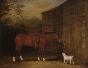 A Bay Hunter And A Dog Outside A Stable A Bay Hunter And A Dog Outside A Stable