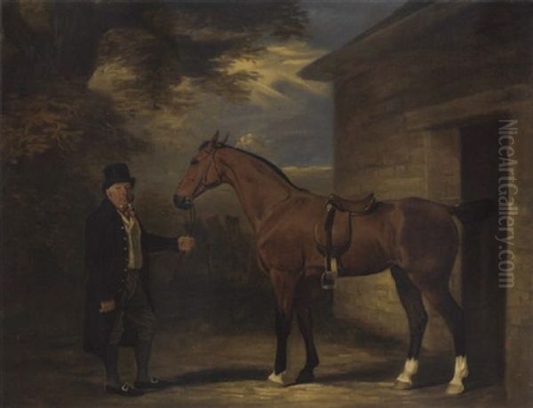 A Gentleman With A Bay Hunter Outside A Stable - view 1