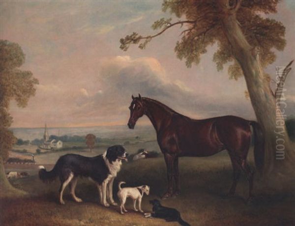 A Bay Pony And Three Dogs, The Property Of William Brevitt, Esq., In An Extensive Landscape, A Steam Train And Two Churches In The Distance - view 1