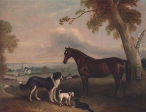A Bay Pony And Three Dogs, The Property Of William Brevitt, Esq., In An Extensive Landscape, A Steam Train And Two Churches In The Distance