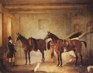 Sir John Thorold's Bay Hunters With Their Groom In A Stable