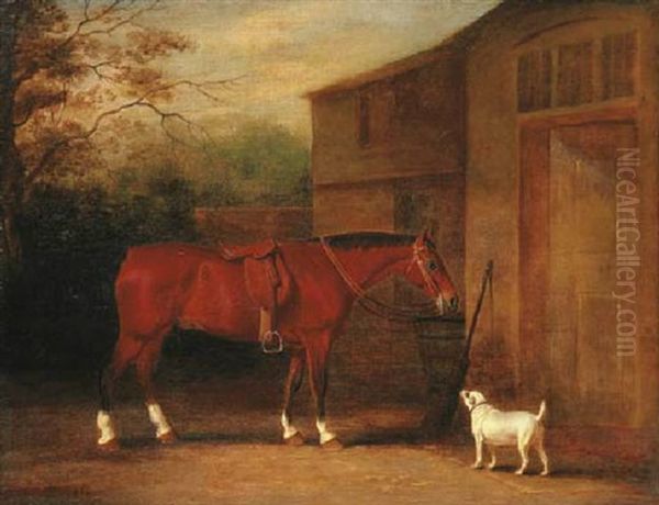 A Bay Hunter And Dog Outside A Stable - view 1