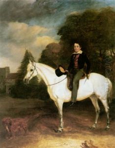 A Boy Seated On His Grey Pony In A Landscape, A Church Beyond