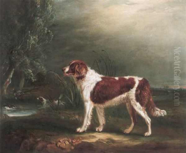 Two Spaniels By A Stream, One Putting Up Mallard - view 1