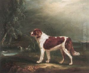 Two Spaniels By A Stream, One Putting Up Mallard by John E. Ferneley