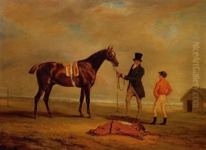 The Hon. William Maule's "ledstone," A Chestnut Racehorse With A Trainer And Jockey On A Racecourse by John E. Ferneley