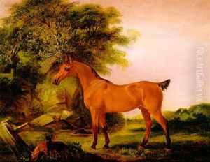 "whisperer" A Bay Hunter By A Stream With Two Terriers by John E. Ferneley