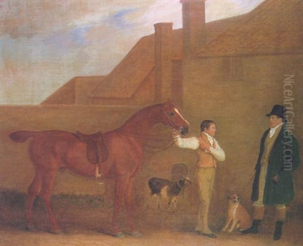 Mr. Charlton And His Groom Holding A Chestnut Hunter In A Yard - view 1