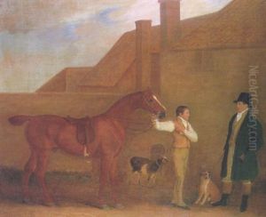 Mr. Charlton And His Groom Holding A Chestnut Hunter In A Yard