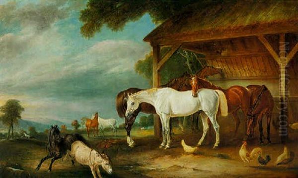 Horses Outside A Stable With A Colt And Donkey - view 1