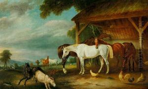 Horses Outside A Stable With A Colt And Donkey by John E. Ferneley
