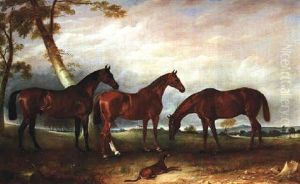 "marvel", "kingfish" And "the Lad," The Hunters Of Willam Angerstein Esq., With "spring" A Greyhound In An Extensive Wooded Landscape by John E. Ferneley