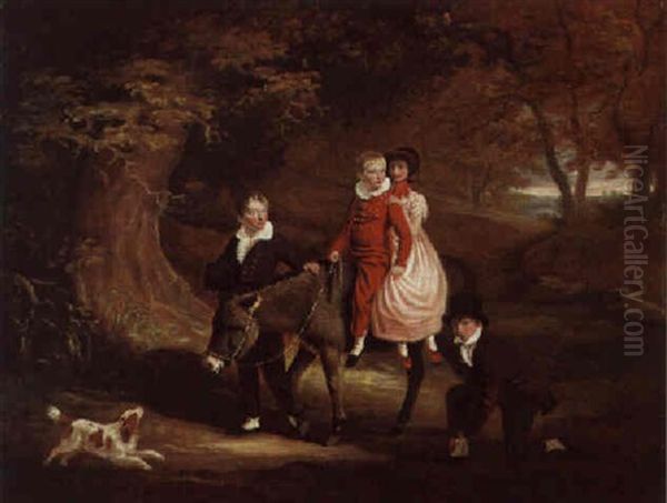 Children With A Donkey And Spaniel - view 1