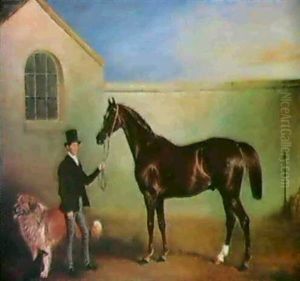 Mister Meakin Holding A Hunter With The Dogs Hector And Jem Before A Stable by John E. Ferneley