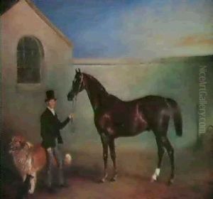 Portrait Of A Bay Hunter With A Stable Hand With Two Dogs Before A Stable Portrait Of A Bay Hunter With A Stable Hand With Two Dogs Before A Stable