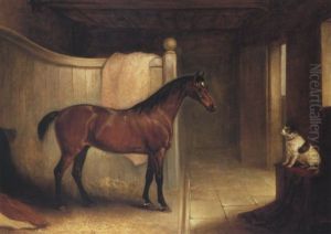 A Bay Hunter, The Property Of H.g. Surtees Of Frenchay, In  A Loosebox With A Terrier To The Right