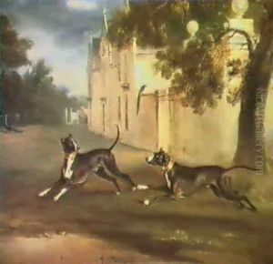 The Earl Of Brownlow's Two Bull Terriers "nelson" And "argo" Running In The Grounds Of A Country House by John E. Ferneley