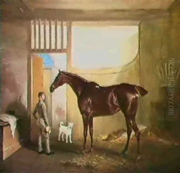 Sir Vincent Cotton's Chestnut Mare In A Loose Box With A    Stable Boy And Dog - view 1