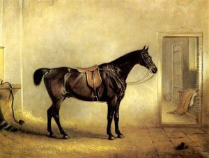 A Dark Bay Hunter Saddled Up In A Stable by John E. Ferneley