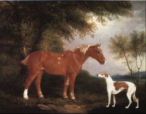 A Chestnut Pony With A Greyhound In A Landscape