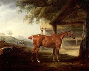 Lord Herbert's Favorite Hunter "corthorn" By A Stable, A Landscape With Other Horses Beyond by John E. Ferneley