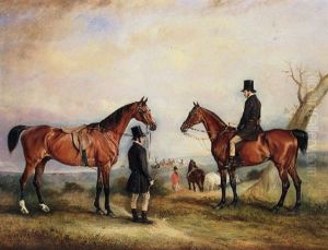 "bockett" And "crusader": Two Hunters In A Landscape With The Grooms William Attenborough And John Sherrif by John E. Ferneley
