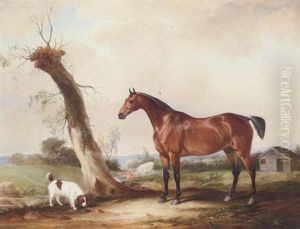 A Bay Hunter With A Spaniel In A Landscape by John E. Ferneley